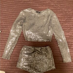 Silver Sequin Crop Top and Shorts Set